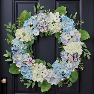 Collapsible Spring Summer Wreaths for Front Door with Light,Silk Blue White Hydrangeas Floral Wreath with Eucalyptus Leaves Butterfly for Fall Home P