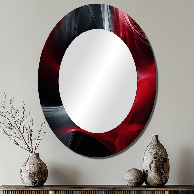Pentti Red Black Contemplative Abstraction X - Waves Decorative Wall Mirror, Modern Large Mirror, Printed Metal Art, Oval