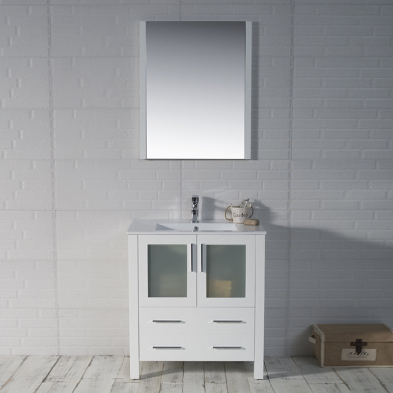 Mance 30 " W Freestanding Standard Free Standing Single Double Single Vanity Bathroom Vanity With Ceramic Top with Mirror