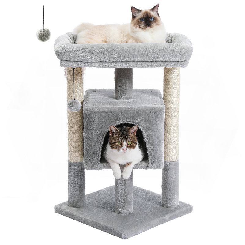 Arbre à chat robuste et interactif de 28 pouces avec plusieurs niveaux pour grimper, gratter et se prélasser, Gris