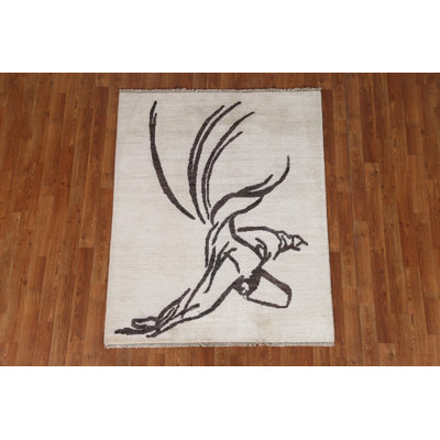 Tapis beige en laine noué à la main de conception unique 3 pi 11 po x 4 pi 9 po New Age