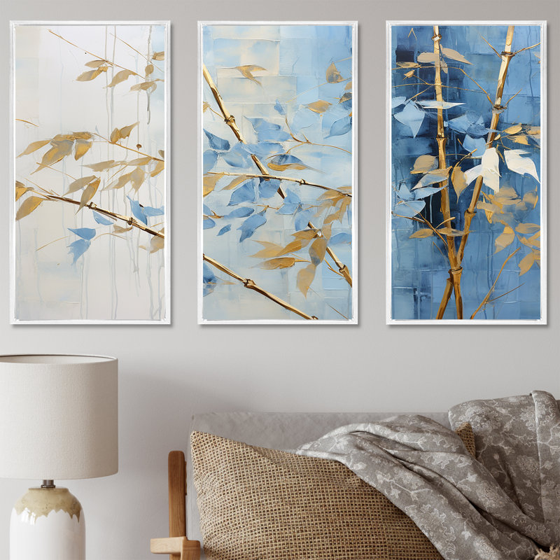 Ensemble de salon mural en bambou bleu et doré, Cadre flottant blanc, H 32 po x l 48 po x P 1 po