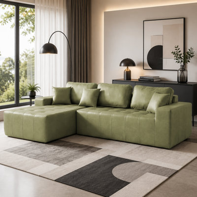 Faux Leather Corner Chaise Compression Sofa Bed, L-Shaped Sectional Couch with High-Density Sponge, Convertible Sofa