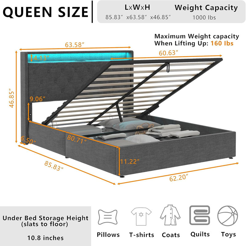 Dark Gray Queen Upholstered Hydraulic Storage Bed with LED Headboard
