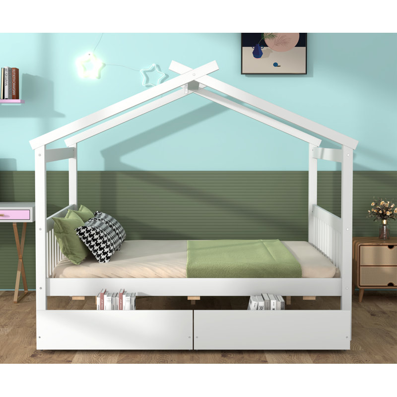 Wooden House Bed With Drawers, White, Twin