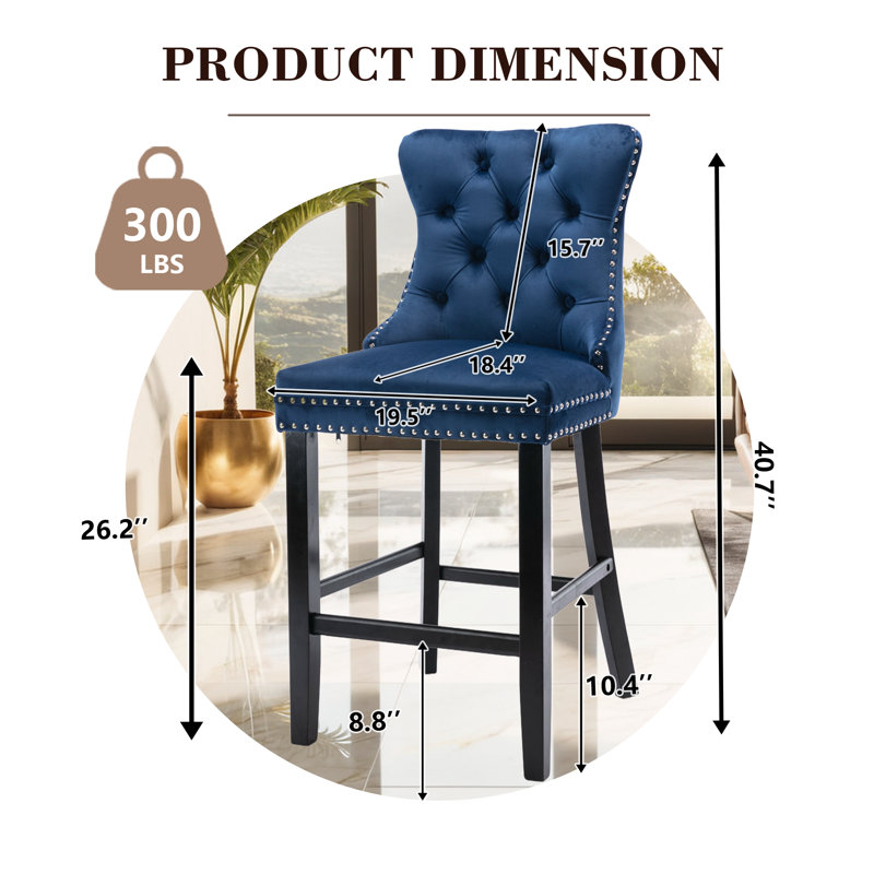 Velvet Nailhead Wing Back Counter Height Barstools(Set of 2), Black, Navy