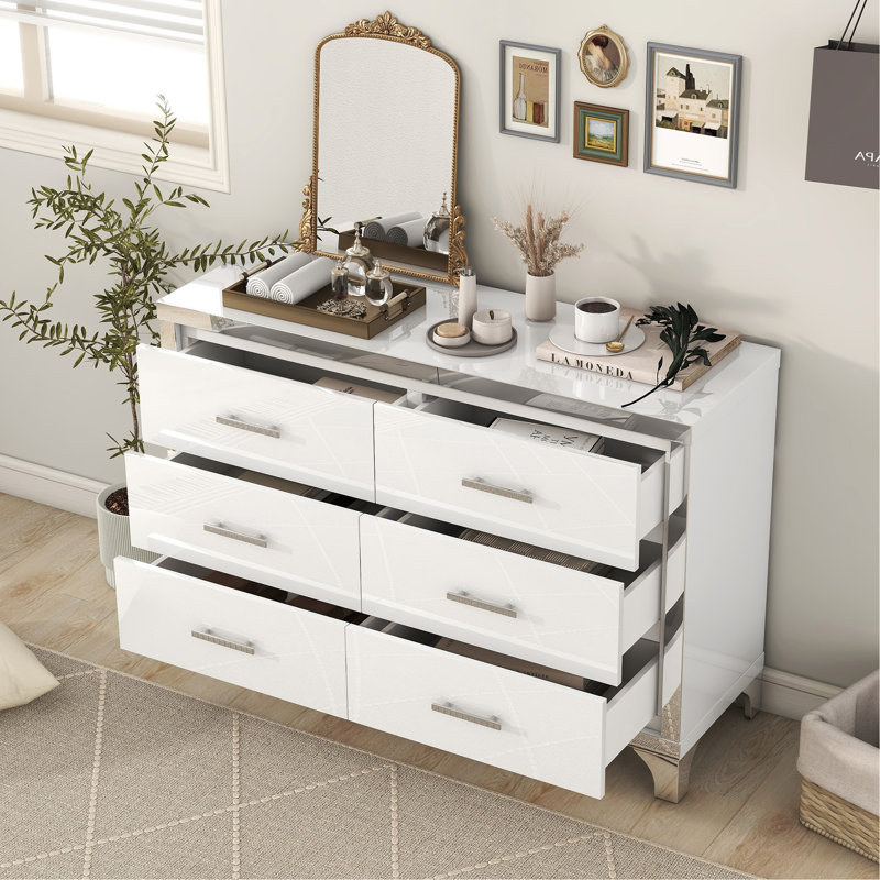High Gloss 6-Drawer Dresser for Bedroom,  Dresser No Handle, Modern 6 Chest of Drawers with Wide Storage, White