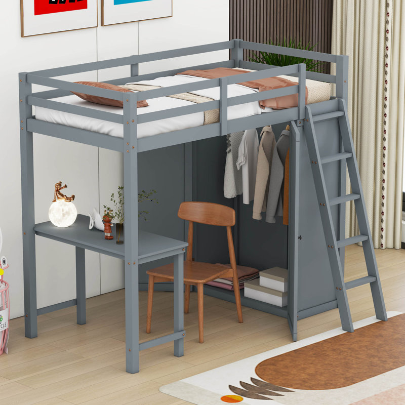 Lit mezzanine avec penderie et bureau Hayah, gris, Simple