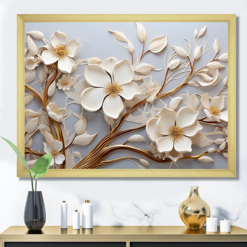 Orchidée blanche, jardin de branches - art mural floral abstrait, Cadre d'angle fermé doré, H 24 po x l 32 po x P 1 po