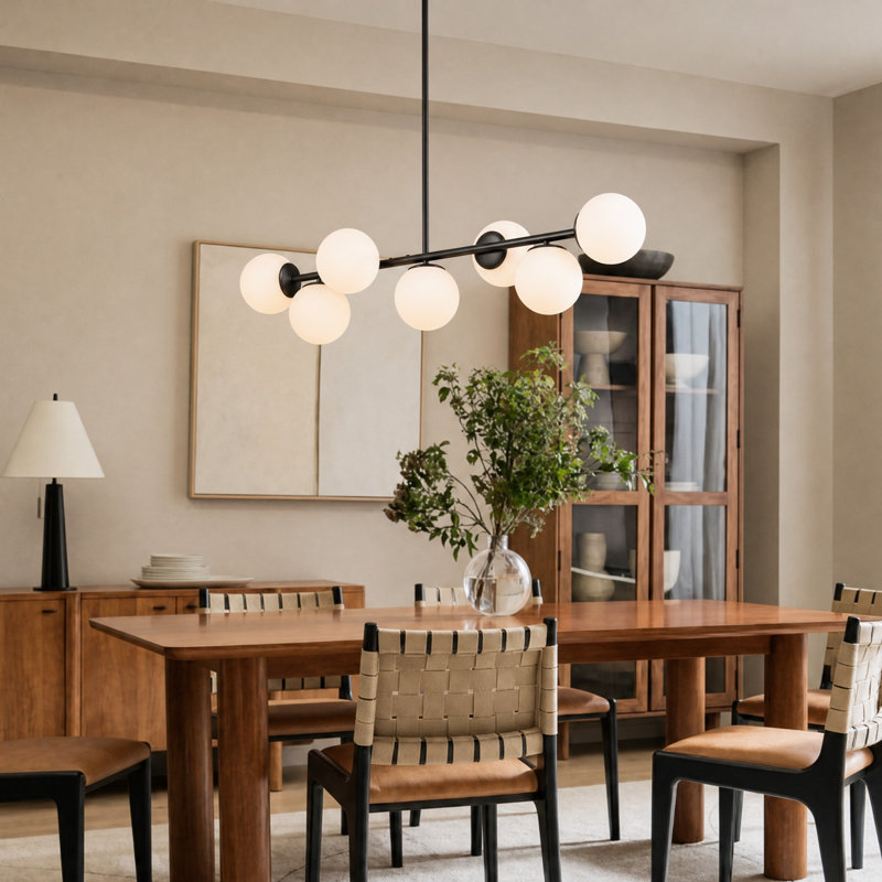 7-Light Glass Globe Modern Black Linear Chandelier for Dining Room, Black