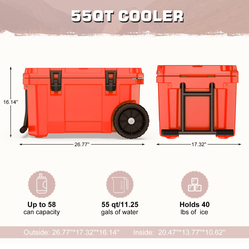 55 Quart Cooler With Wheels, Ice Chests Portable Camping Cooler Holds Ice Up To 6 Days, Leak-proof Outdoor Insulated Cooler With Handle, Cup Holders, Hard Cooler For Camping, Beach, Boat