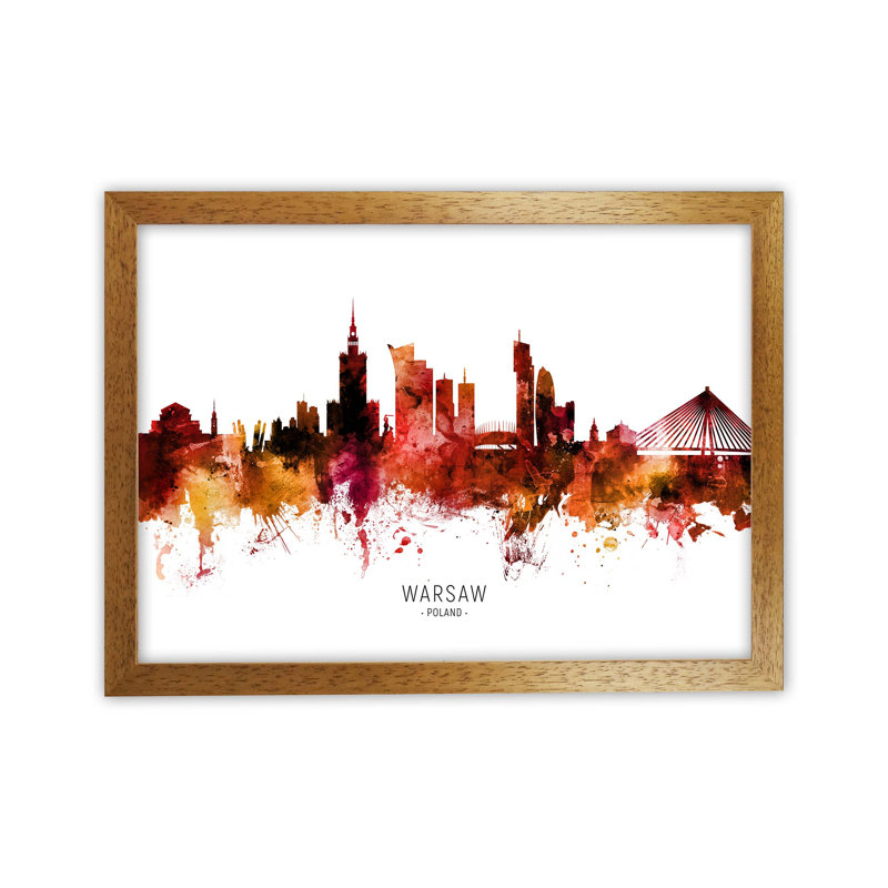 Warsaw Poland Skyline Red City Name by Michael Tompsett - 1 Piece Wall Art, 25cm H x 34cm W x 3cm D, Oak Framed