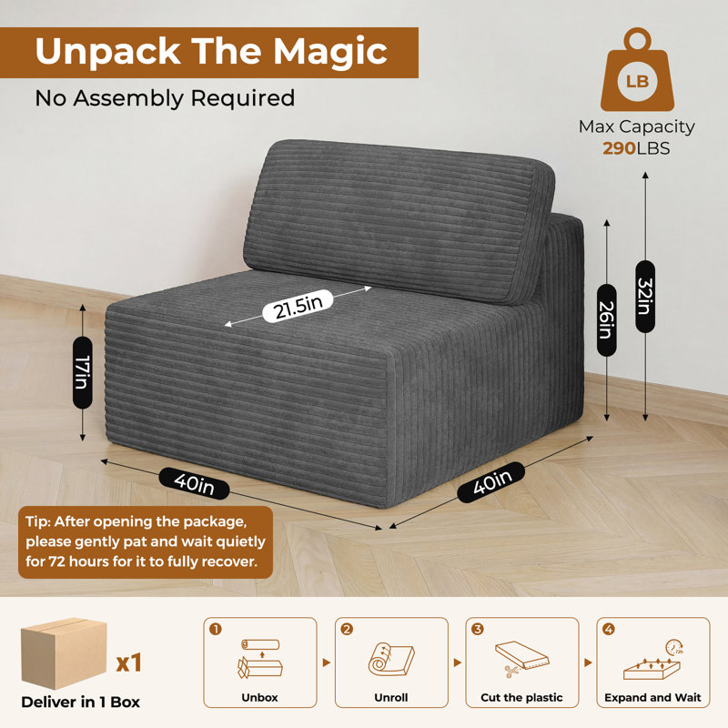 Fauteuil d'appoint modulaire en velours côtelé de 40 po sans assemblage requis avec éponge à double rebond, Gris