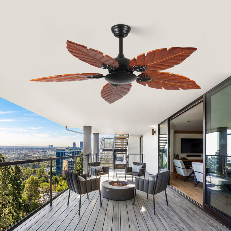 Ventilateur de plafond 52 pouces Tropical (sans lumière), ventilateur de plafond intérieur / extérieur Palm Leaf pour patio et salon, ventilateur réversible, bronze noir