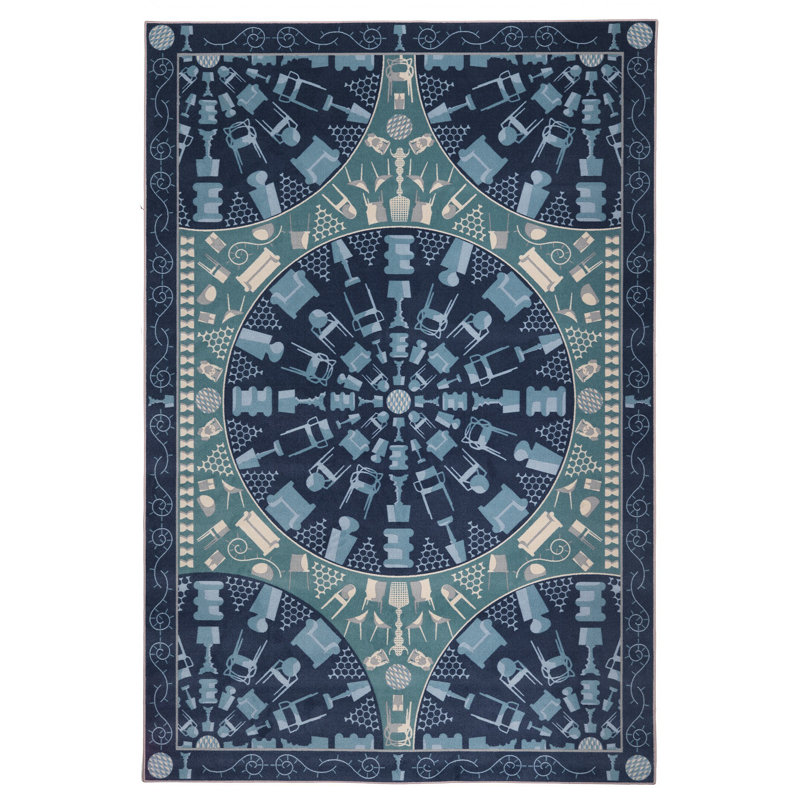 Oriental Area Rug in Blue/Dark Blue/Ivory