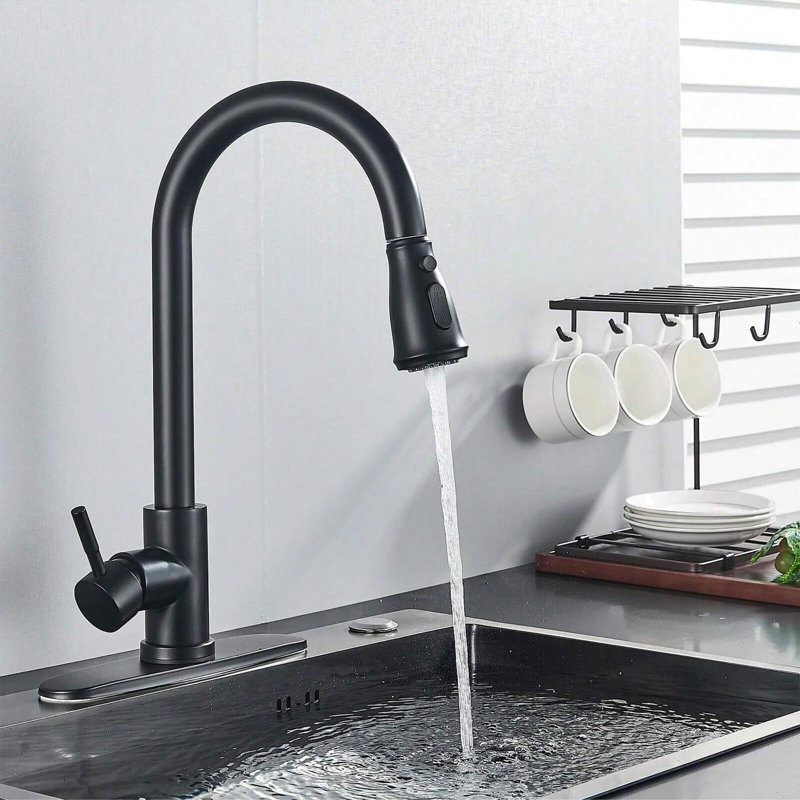 Robinet de cuisine noir mat avec douchette amovible tactile avec bouton pause, robinet d'évier monocommande à bec haut avec plaque de montage ronde de 25 cm