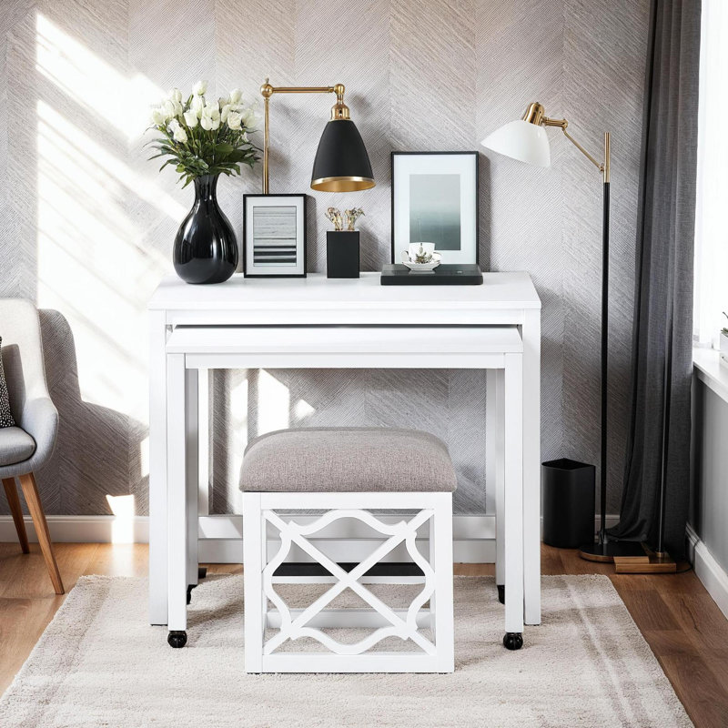 Ensemble de bureau 3 pièces avec tabouret rembourré, ports USB et bureau roulant, Blanc