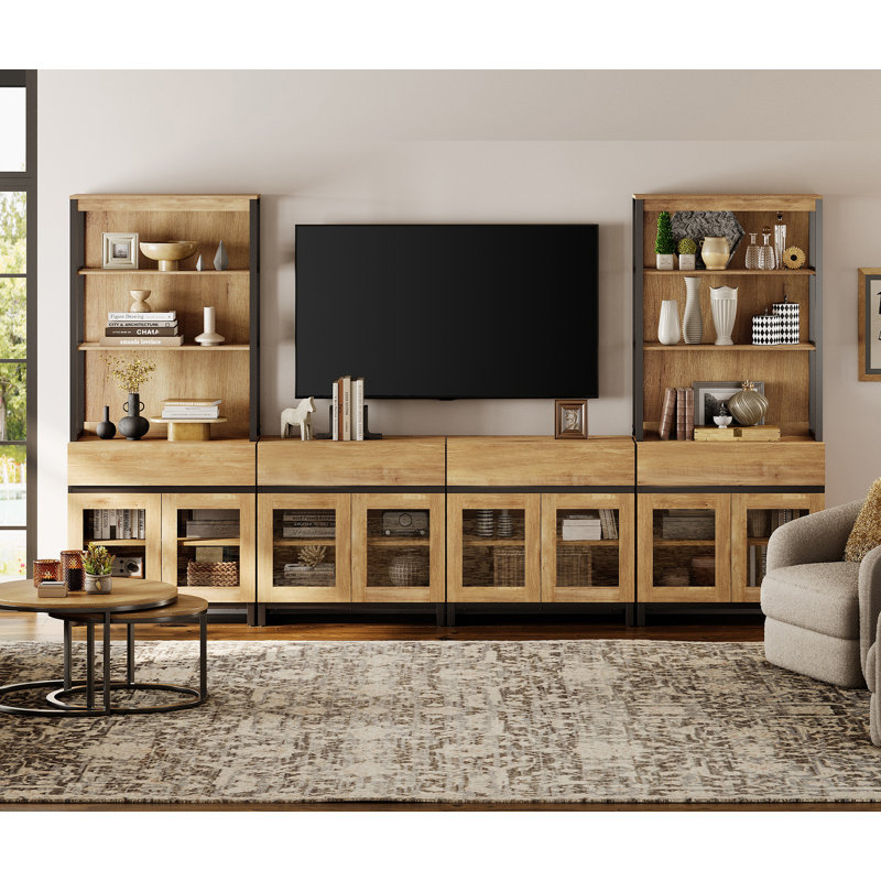 Modern TV Stand With 3 Tiers Bookshelf, Farmhouse Entertainment Center With 4 Drawers And Adjustable Shelf, Wooden Media TV Console With Glass Doors For Living Room