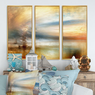 Voilier pendant le coucher du soleil exotique V Voilier pendant le coucher du soleil exotique V - 3 pièces, peinture sur toile