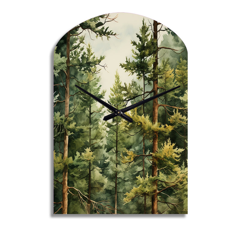 Pine Tree Symphony II - Horloge murale asymétrique en pin, horloge murale arche verte, Moyenne