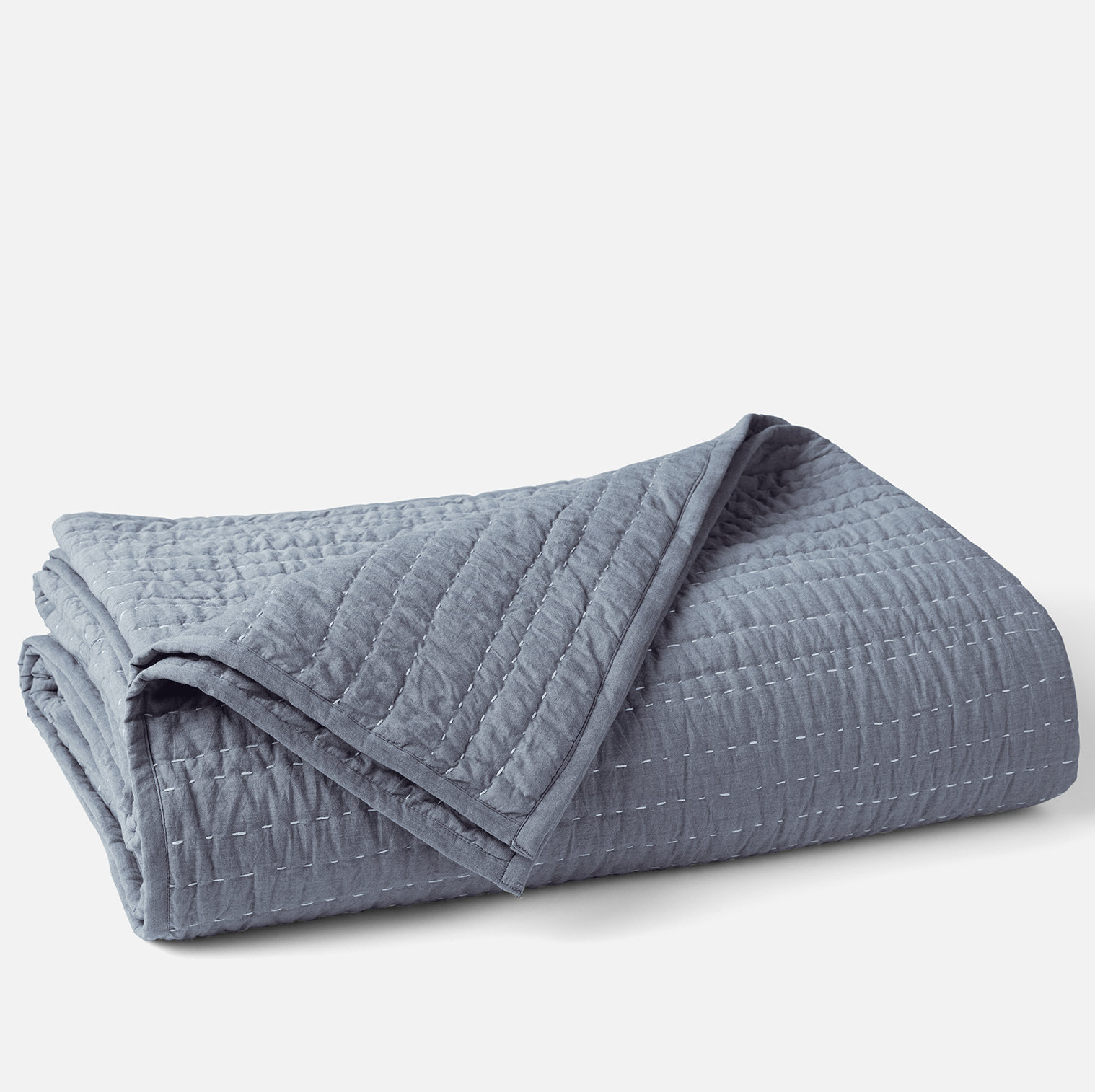 Channel Handstitched Organic Cotton Quilt Set, Twin Quilt, Indigo Chambray