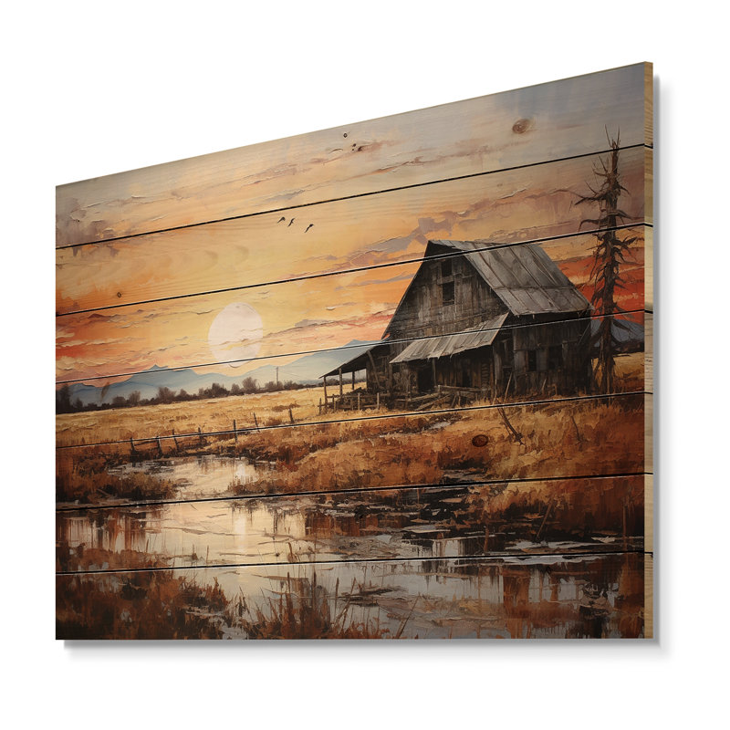 Paysage de grange au crépuscule I sur bois, H 10 po x l 20 po x P 0,78 po