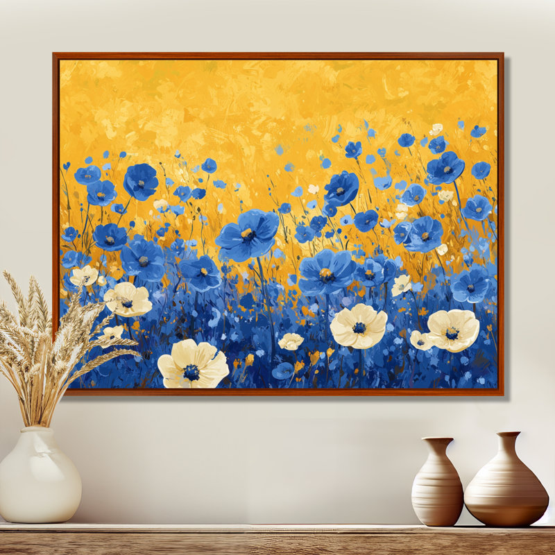 «Ison Blue Golden Wildflower Meadow Scenery II», art mural fleurs sauvages, Brun, H 16 po x l 32 po, Cadre flottant