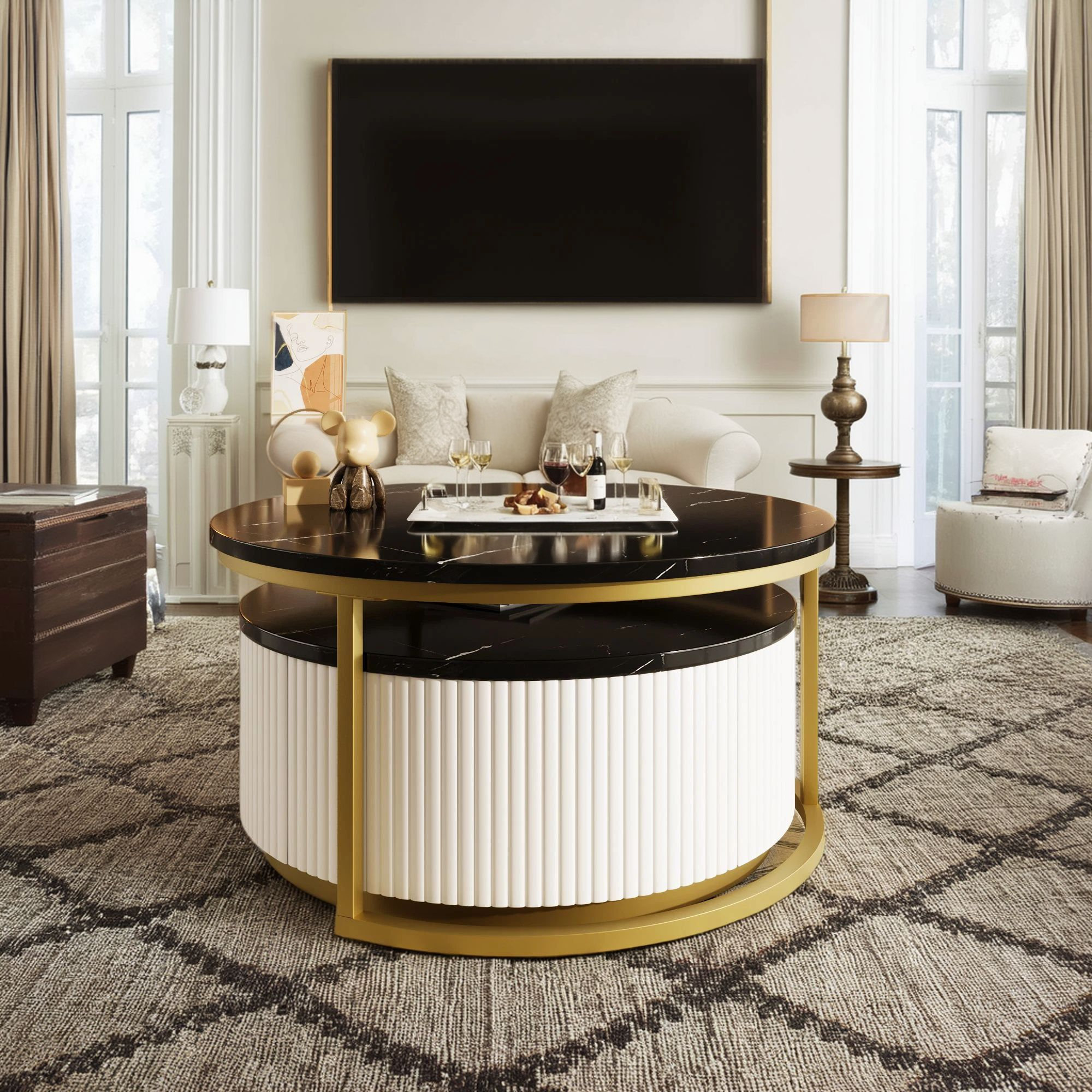 Mercer41 Table basse gigogne ronde 31,5 po: grain vertical avec tiroirs ...