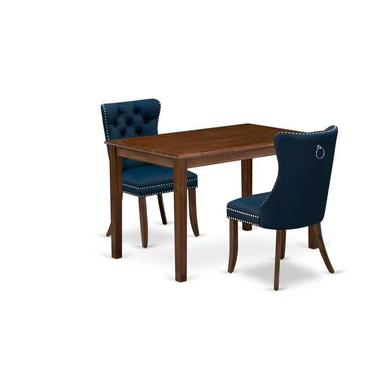 Ensemble de table de salle à manger 3 pièces composé d'une table rectangulaire en bois massif et de 2 chaises rembourrées en tissu de polyester, noyer antique