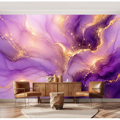 Papier peint adhésif autocollant violet lavande liquide aquarelle marbrée lignes dorées Pastel mauve papier contact amovible amovible pour salle de séjour H 69 po x l 96 po