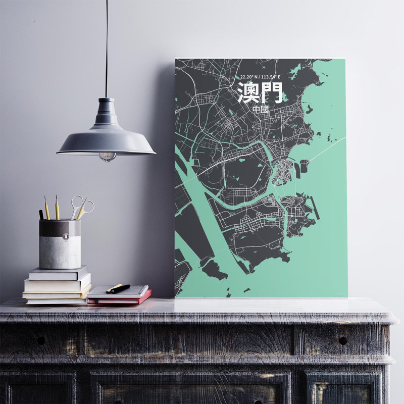 Macau (chinois traditionnel), impression de carte de la ville, Vert/gris, H 27,6 po x l 19,7 po