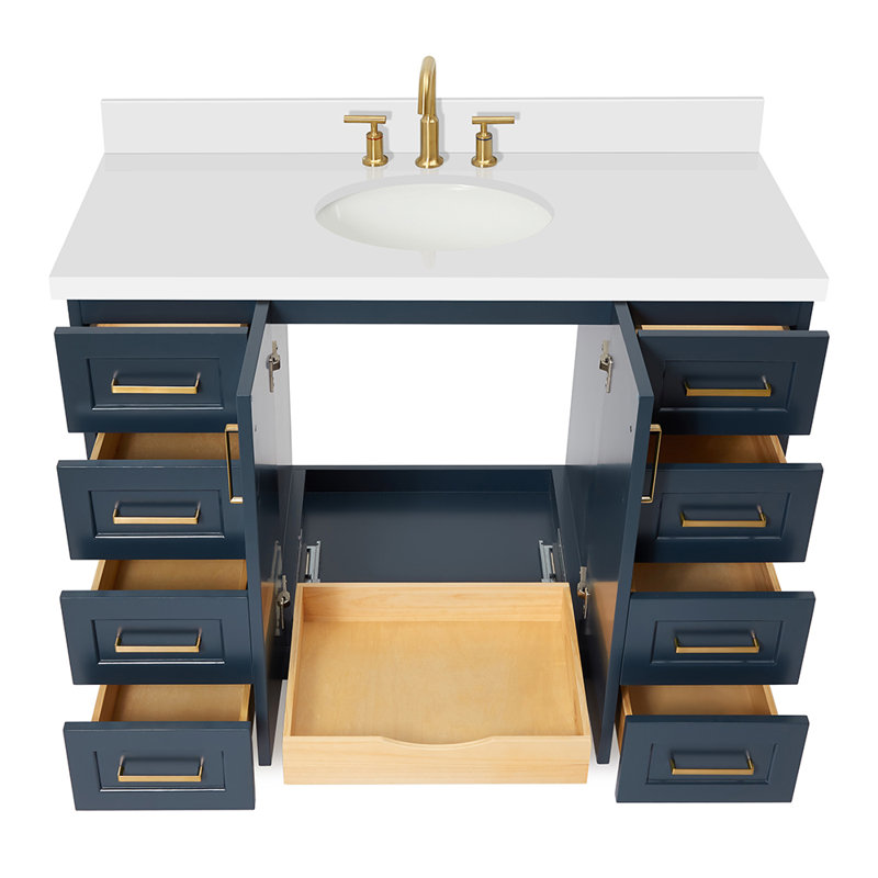 Freitas 48'' Solid Wood Single Bathroom Vanity, Midnight Blue, Rectangle, White Quartz