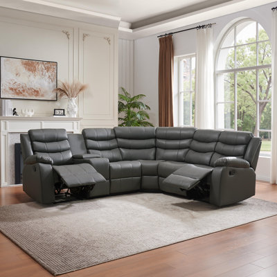 Lacreta Faux Leather L-Shaped Recliner Sectional Sofa, Manual Reclining Corner Couch with Center Console & Cup Holders, Large Home Theater Recliner Furniture Set for Living Room