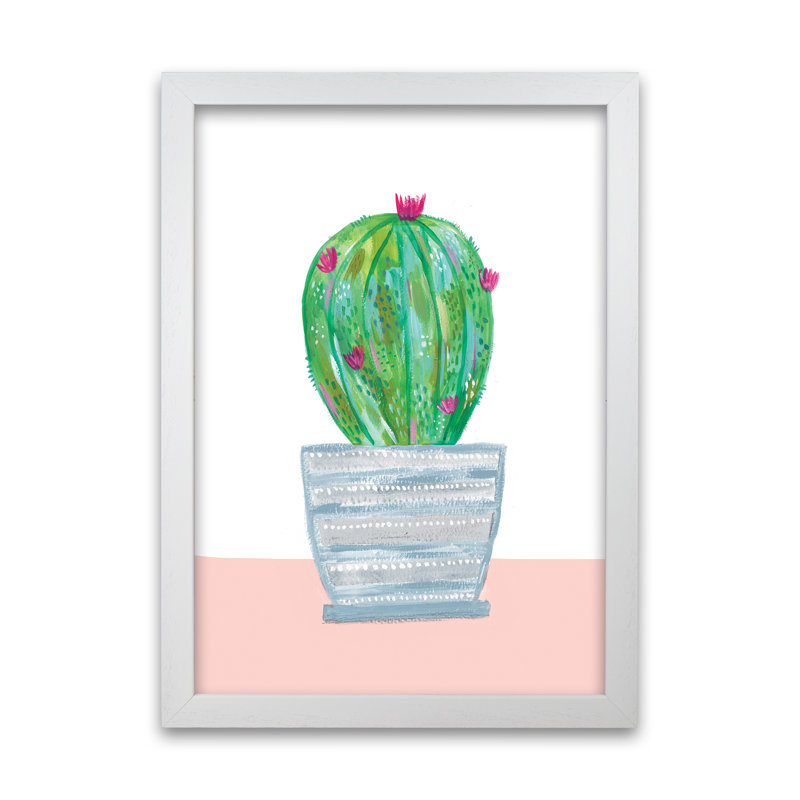 Painted Cactus In Blue Stripe Plant Pot by Laura Irwin - Print, 59.4cm H x 42cm W x 3cm D, White Framed