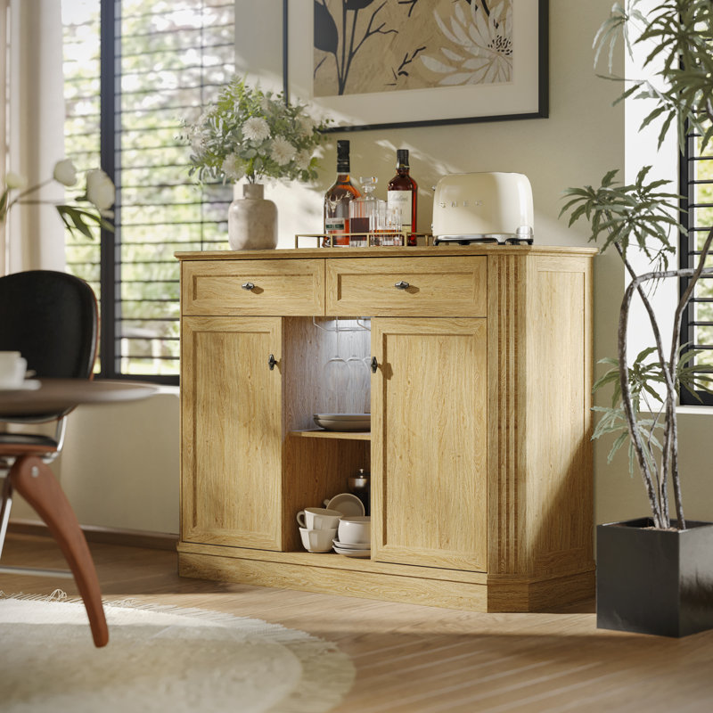 Armoire à vin de 47 po avec éclairage DEL et prises de courant, 2 portes et 2 tiroirs, buffet de rangement pour la cuisine et le salon, finition chêne