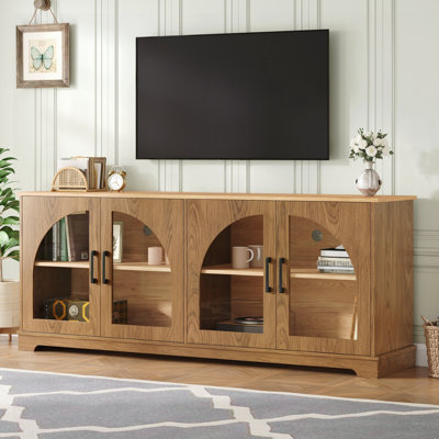Farmhouse TV Stand with Arched Glass Doors for TVs Up to 70", Elegant Media Console with Adjustable Shelves for Living Room