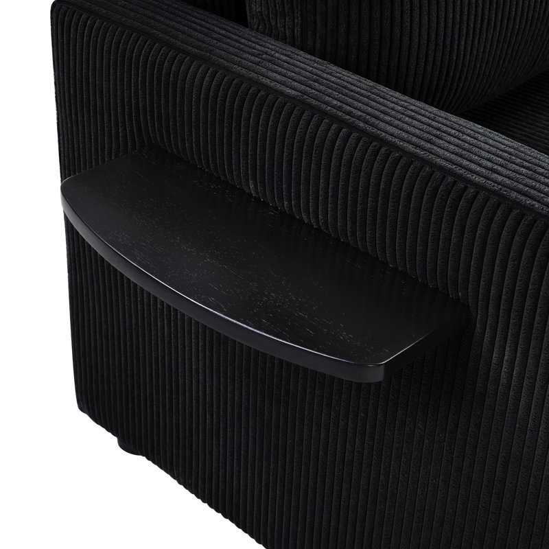 Canapé-lit simple de 47,2 po avec option de lit rabattable, table d'appoint pliable pour ordinateurs portables et appareils électroniques, ports sur l'accoudoir, télécommandes de rangement, coussins lombaires améliorant le confort, utilisation en velours côtelé noir à la maison, à l'extérieur