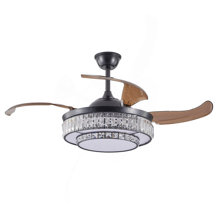 Contemporary Crystal LED Retractable Ceiling Fan With Light And Remote Control