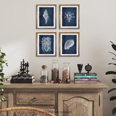 Navy Blue Nautical Wall Art – Sea Shell, Grass & Octopus Coastal Poster Print