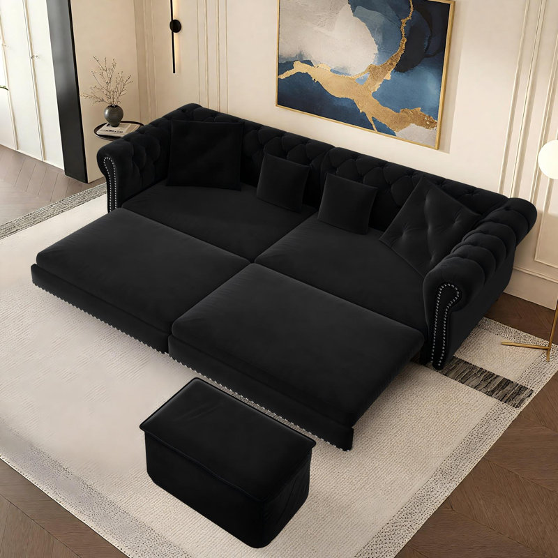89" Pull-Out Sleeper Sofa Velvet Chesterfield Sofa Convertible Couch Bed, Black
