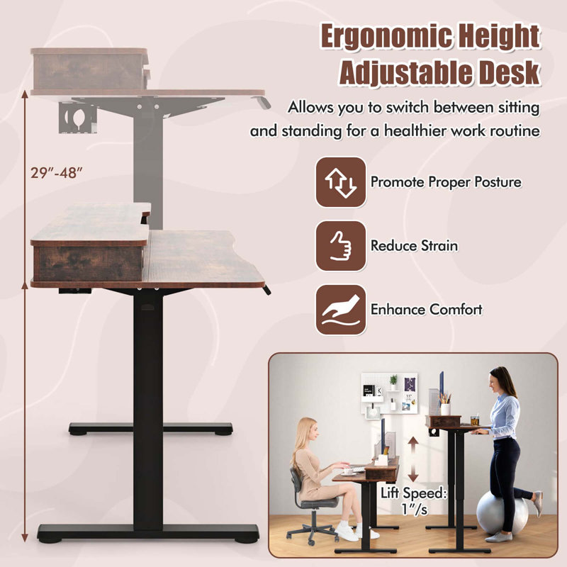 Étagère de rangement 55 po x 24 po avec support pour écran et 2 tiroirs brun