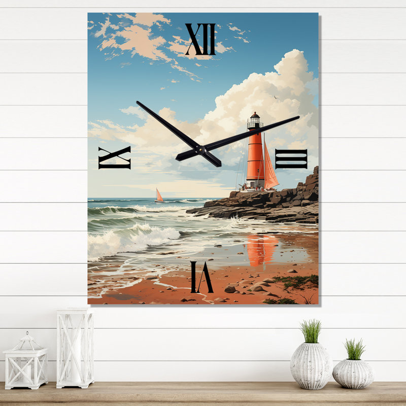 Illustration rétro de plage, phare et plage - horloge murale moderne, Petit