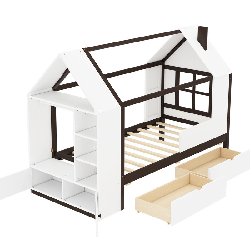 Lit plateforme simple en bois massif avec tiroirs et tablettes, blanc et confortable