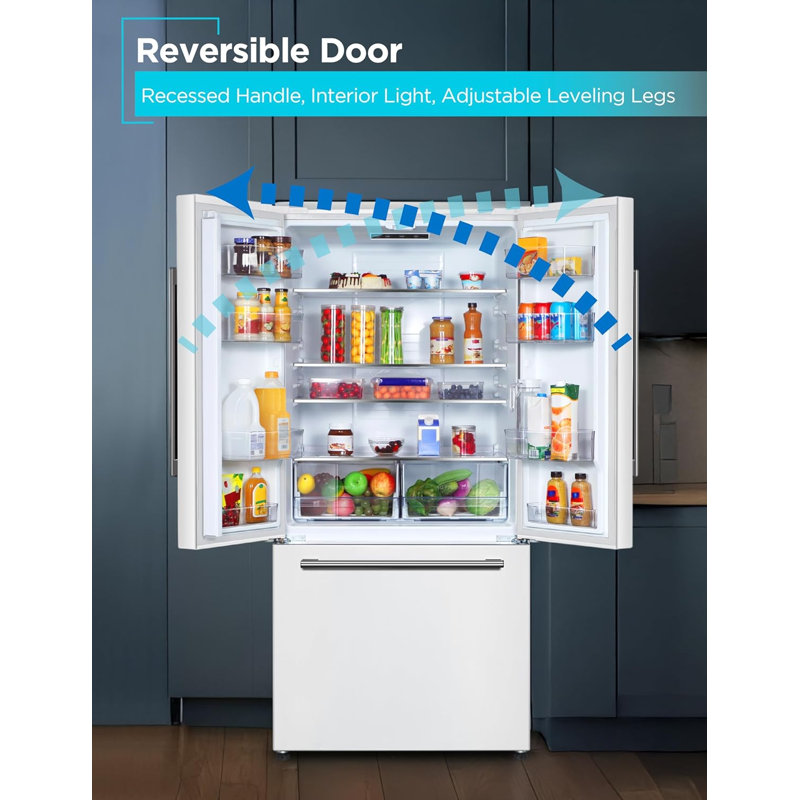 BLACK+DECKER 18 Cu. Ft. French Door Refrigerator with Built-in Ice Maker, Full Size Refrigerator with Bottom Mount Freezer Drawer, Frost Free, ENERGY STAR certified, BRF1800GIMW, White