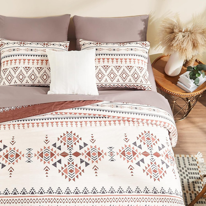 Ensemble d'édredon pour grand lit dans un sac bourgogne bourgogne - Literie réversible aztèque 7 pièces avec draps et taies décoratives