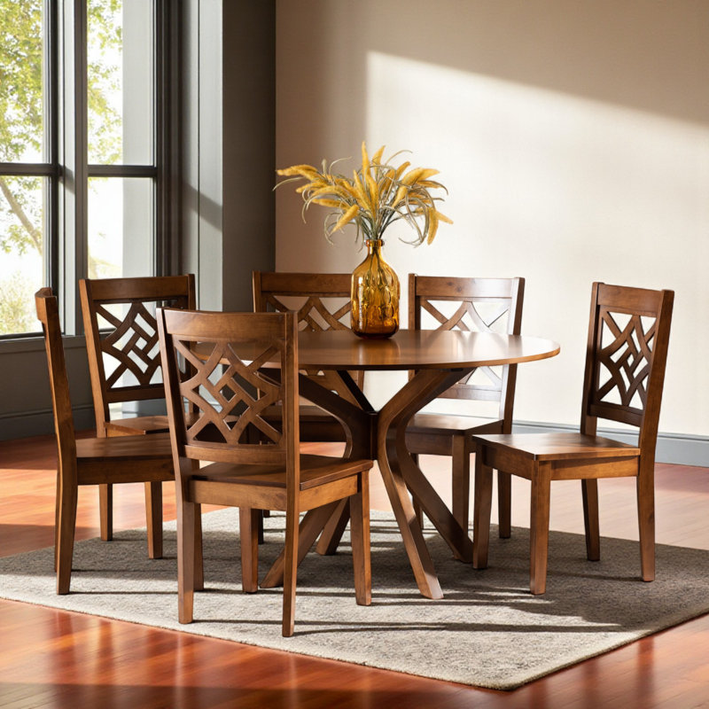 Nella 7-Piece Contemporary Style Brown Finish Dining Set, 29.7" H X 44.6" W X 44.6" D, Brown, Brown, 29.7"H x 44.6"L x 44.6"W