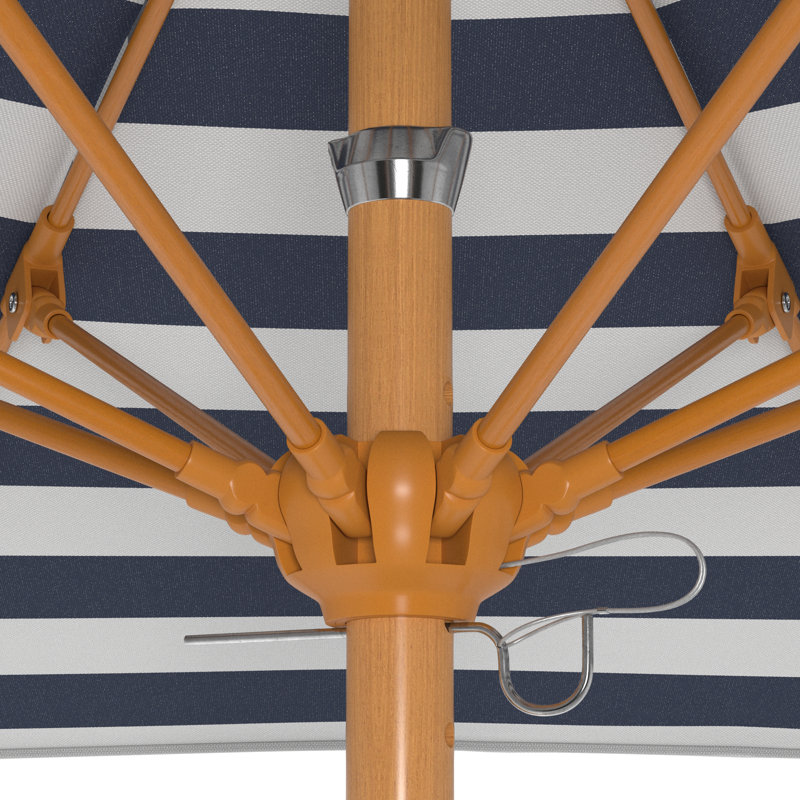 Parasol en bois de teck 7,5 pi, H 96 po x l 85 po x P 85 po, Bleu marine / rayures blanches