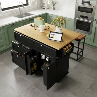 Storage Kitchen Island With Drop Leaf And 2 Seatings And Power Outlet