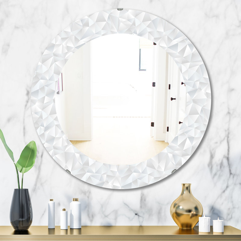 Abstract White Geometric Pattern - Printed Mid-Century Oval or Round Wall Mirror, 31.5" H x 23.7" W