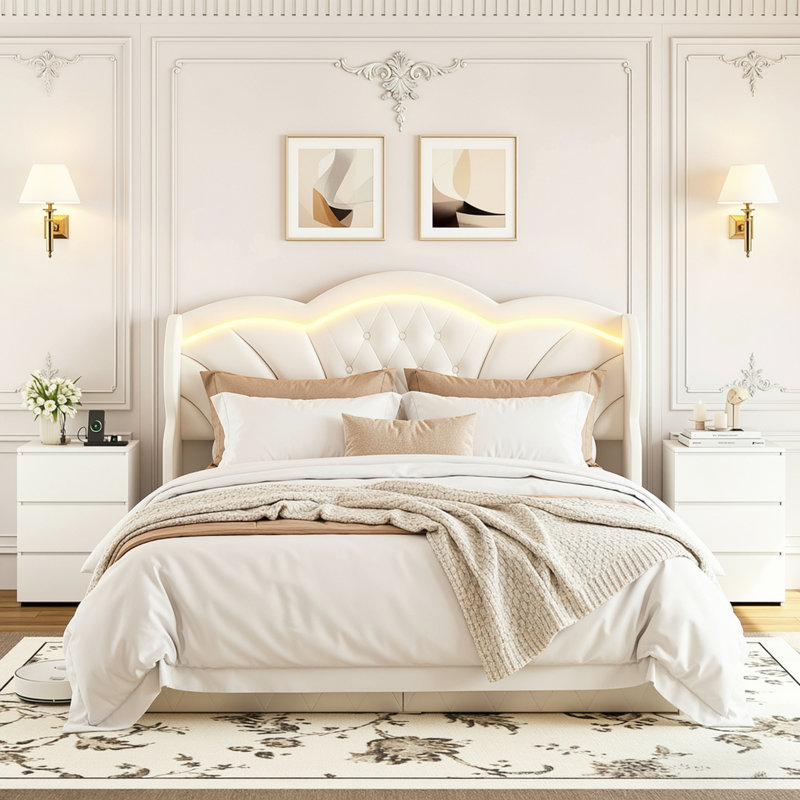 ON SALE 3-Piece Bedroom Sets, Velvet Upholstered Wingback Bed With LED Headboard And Storage Drawers, 2 3-Drawer Nightstands With Charging Port